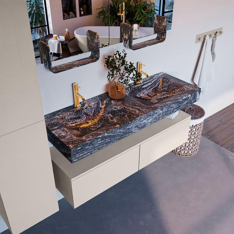 Mondiaz ALAN-DLUX Ensemble de meuble - 130cm - meuble Linen mat - 2 tiroirs - Lavabo Cloud Lava suspendu - vasque Gauche et droite - 2 trous de robinet SW808529
