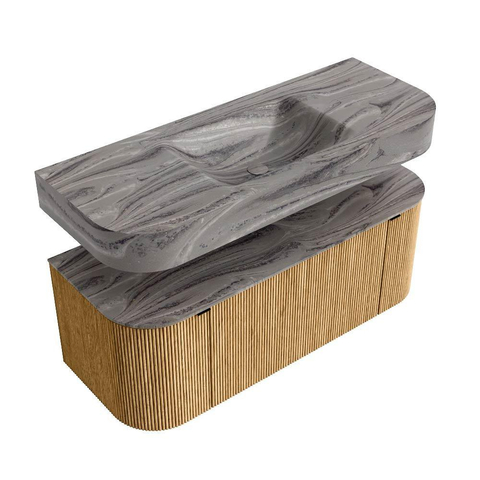 MONDIAZ THOR-DLUX 120cm meuble de salle de bains arrondi gauche + droite couleur Oak avec 1 tiroir et 2 portes. Vasque suspendue CLOUD Milieu 1 trou de robinet couleur Sombra. SW1463670