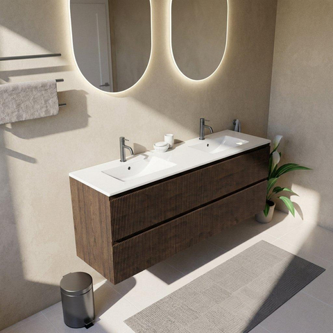 Saniclass Holz Atelier Ensemble de meubles de salle de bains - 160x45x62cm - Vygo lavabo en céramique blanc - 2 vasques - 2 trous de robinet - 4 tiroirs - chêne charcoal mat (bois) SW1478938