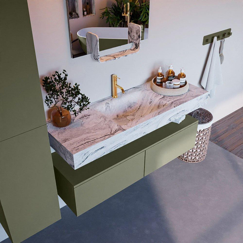Mondiaz ALAN-DLUX Ensemble de meuble - 130cm - meuble Army mat - 2 tiroirs - Lavabo Cloud Glace suspendu - vasque Centre - 1 trou de robinet SW805785