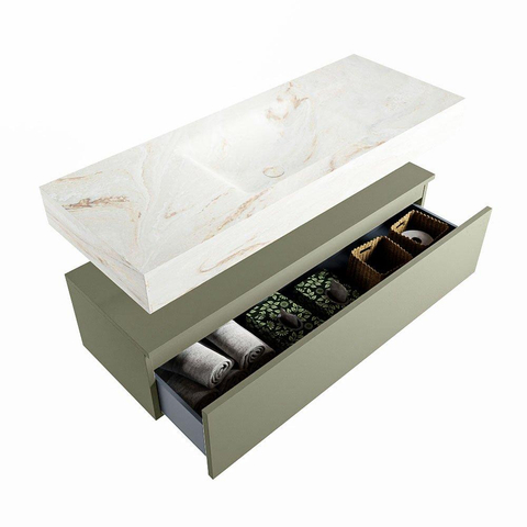 Mondiaz ALAN-DLUX Ensemble de meuble - 120cm - meuble Army mat - 1 tiroir - Lavabo Cloud Frappe suspendu - vasque Centre - 1 trou de robinet SW804760