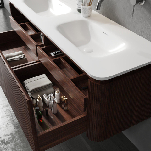 Royal Plaza Terra Edge Ensemble meuble de salle de bains - 140x44.7x46cm - vasque en solid surface blanc mat - 2 vasques - 2 trous de robinet - 2 tiroirs - châtaignier (noyer) SW1471921