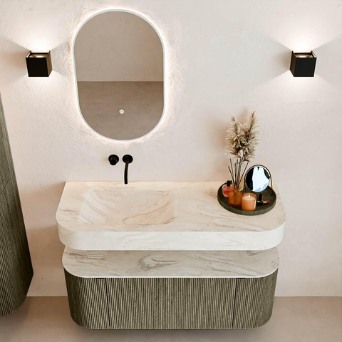 MONDIAZ THOR-DLUX 120cm meuble de salle de bains arrondi gauche + droite couleur Shadow avec 1 tiroir et 2 portes. Vasque suspendue CLOUD Gauche sans trou de robinet couleur Ostra. SW1463148