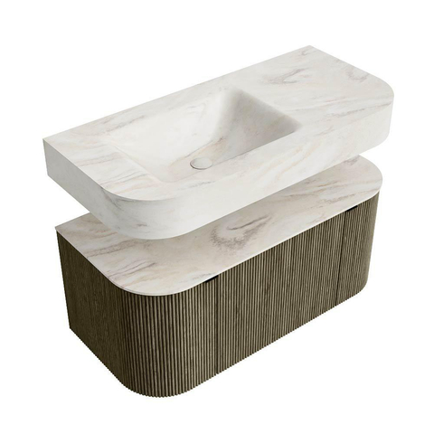 MONDIAZ THOR-DLUX 100cm meuble de salle de bains arrondi gauche + droite couleur Shadow avec 1 tiroir et 2 portes. Vasque suspendue CLOUD gauche 1 trou de robinet couleur Ostra. SW1467529