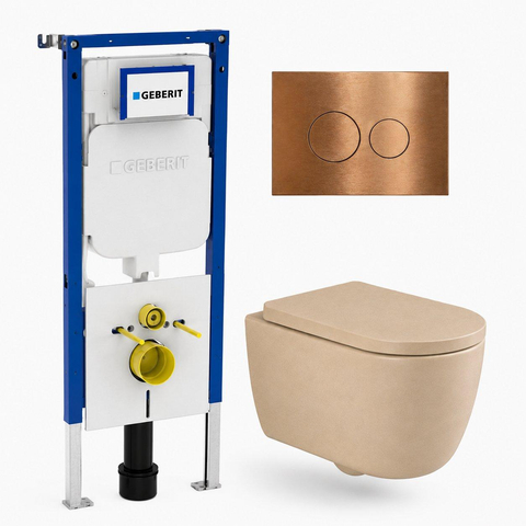 QeramiQ Dely Swirl Toiletset - 36.3x51.7cm - Geberit UP720 Duofix Sigma inbouwreservoir - 35mm zitting - koperen bedieningsplaat - ronde knoppen - mat beige SW1414016