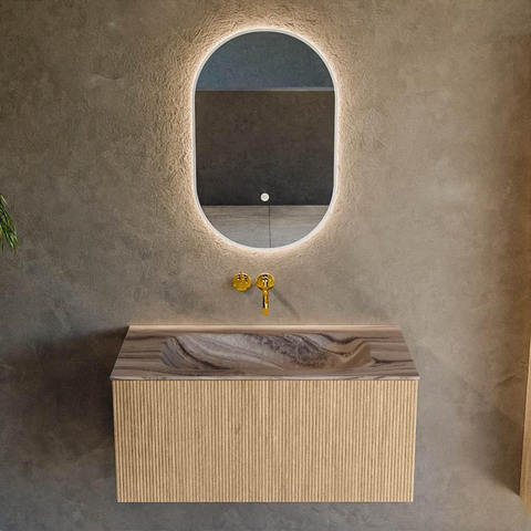 MONDIAZ KURVE-DLUX meuble de salle de bains 90cm couleur Oak avec 1 tiroir et 0 porte. Lavabo BIG SMALL Milieu sans trou de robinet Sombra. SW1433552