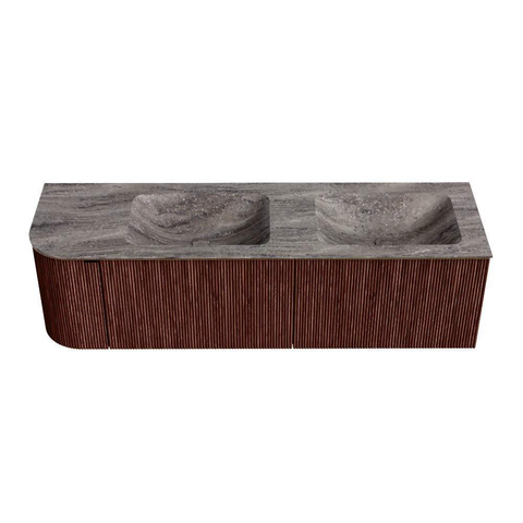 MONDIAZ KURVE-DLUX 155cm badmeubel ronding Links kleur Ruby met 2 lades en 1 deur. Wastafel LEAF Dubbel / Rechts 2 kraangaten Oza. SW1432826