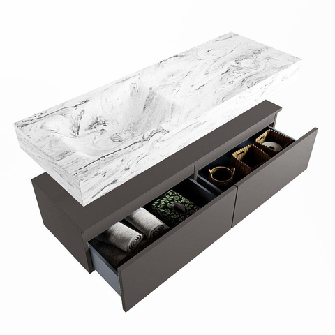 Mondiaz ALAN-DLUX Ensemble de meuble - 130cm - meuble Dark grey mat - 2 tiroirs - Lavabo Cloud Glace suspendu - vasque Gauche - 1 trou de robinet SW805459