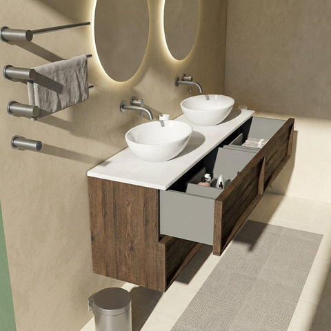 Saniclass Holz Frame Badkamermeubelset - 160x45x62.5cm - Torino solid surface topblad wit - zonder kraangat - 4 lades - mat eiken charcoal (hout) SW1580023