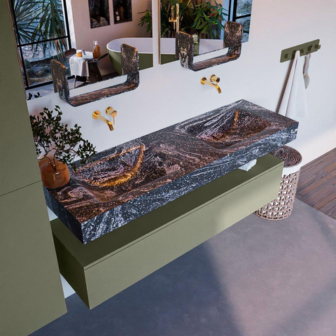 Mondiaz ALAN-DLUX Ensemble de meuble - 150cm - meuble Army mat - 1 tiroir - Lavabo Cloud Lava suspendu - vasque Gauche et droite - 0 trous de robinet SW808532