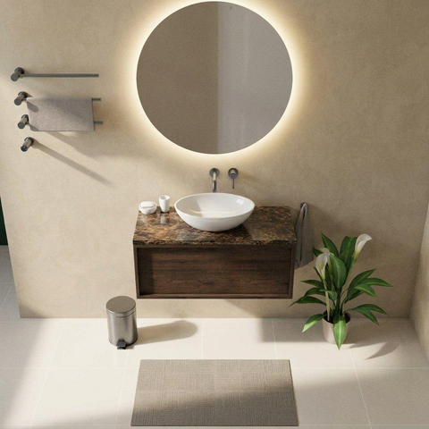 Saniclass Holz Frame Ensemble de meubles de salle de bains - 100x45x43cm - Plan en pierre naturelle Noche dark emperador - sans trou de robinet - 1 tiroir - chêne charcoal mat (bois) SW1478281