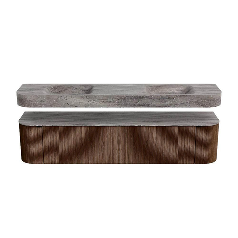 MONDIAZ THOR-DLUX 200cm meuble de salle de bains arrondi gauche + droite couleur Walnut avec 2 tiroirs et 2 portes. Vasque suspendue CLOUD Double sans trou de robinet couleur Oza. SW1467194
