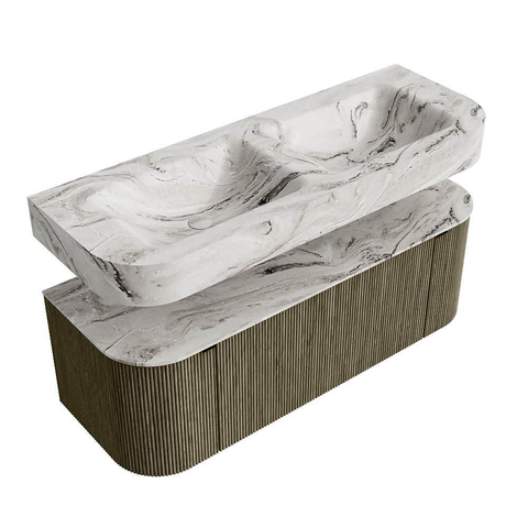 MONDIAZ THOR-DLUX 130cm meuble de salle de bains arrondi gauche + droite couleur Shadow avec 1 tiroir et 2 portes. Vasque suspendue CLOUD Double sans trou de robinet couleur Glace. SW1463771