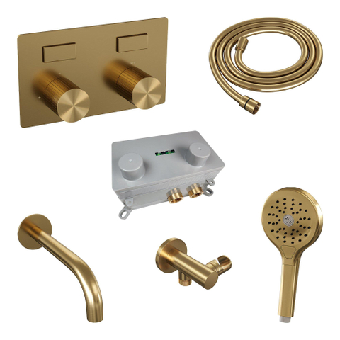 BRAUER Stripe Mitigeur thermostatique baignoire - boutons-poussoirs - SET 04 - encastré - bec - douchette 3 positions - flexible de douche - coude mural - PVD doré brossé SW1434833