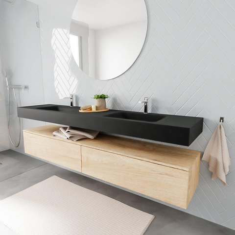 MONDIAZ ALAN 200cm - meuble bas - chêne blanchi - 2 tiroirs - lavabo suspendu - 2 vasques - 2 trous de robinet - urban SW408701