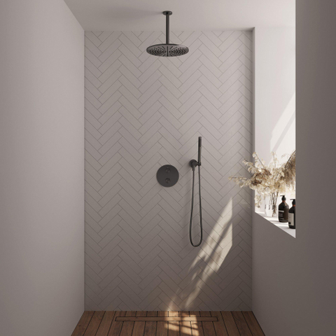 BRAUER Gunmetal Carving douche de pluie encastrée thermostatique - 3 voies - ronde - set 78 - douche de tête 30cm - bras de plafond - douchette barre - flexible de douche - raccord mural - gunmetal brossé PVD SW1159118