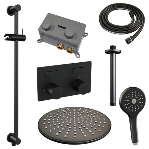 BRAUER Black Carving Douche de pluie thermostatique encastrée - boutons-poussoirs - SET 72 - douche de tête 30cm - bras de plafond - douchette 3 jets - flexible de douche - barre de douche intégrée - noir mat SW925408