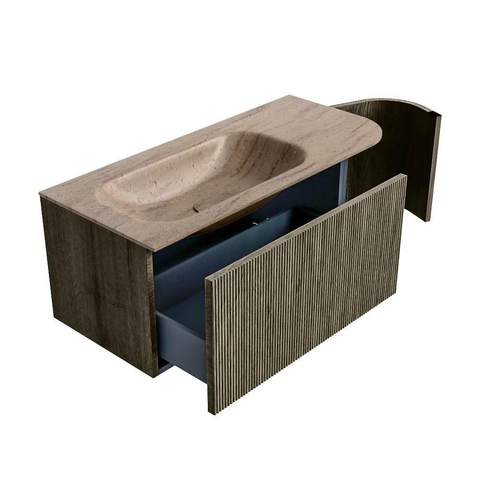 MONDIAZ KURVE-DLUX Meuble de salle de bains 105cm arrondi à droite couleur Shadow avec 1 tiroir et 1 porte. Lavabo BIG SMALL à gauche sans trou de robinetterie Saba. SW1433416
