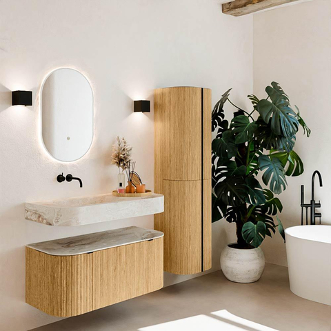 MONDIAZ THOR-DLUX 100cm badmeubel ronding links + rechts kleur Oak met 1 lade en 2 deuren. Vrijhangende wastafel CLOUD Links zonder kraangat kleur Frappe. SW1467303