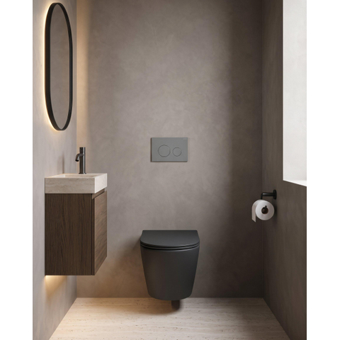 QeramiQ Dely Pack WC - 36.3x51.7cm - à fond creux - sans bride - réservoir WC attenant Geberit UP320 - abattant WC à fermeture douce - plaque de déclenchement gris clair - boutons ronds - noir mat SW1164794