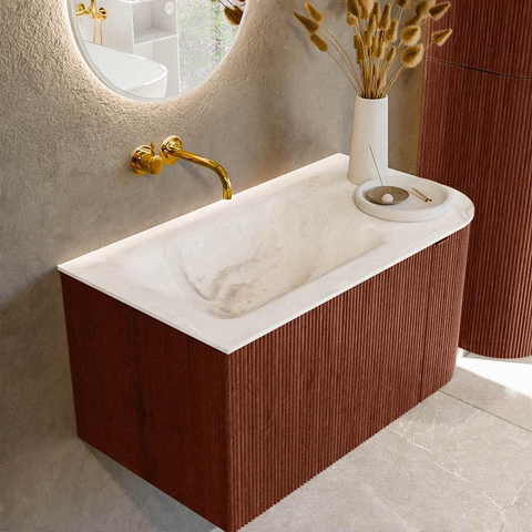 Mondiaz KURVE-DLUX Ensemble meuble de salle de bains - 85x46x40cm - 1 tiroir - 1 porte - vasque solid surface - gauche - sans trou de robinet - Ruby SW1415627