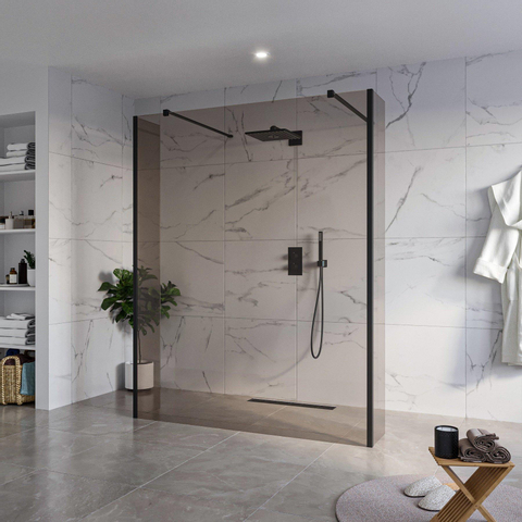 Fortifura Galeria Vrijstaande Inloopdouche - 160x200cm - Rookglas - antikalk - 8mm veiligheidsglas - 2 zijwanden - 40cm - wandsteunen en hoekprofielen - mat zwart SW993182
