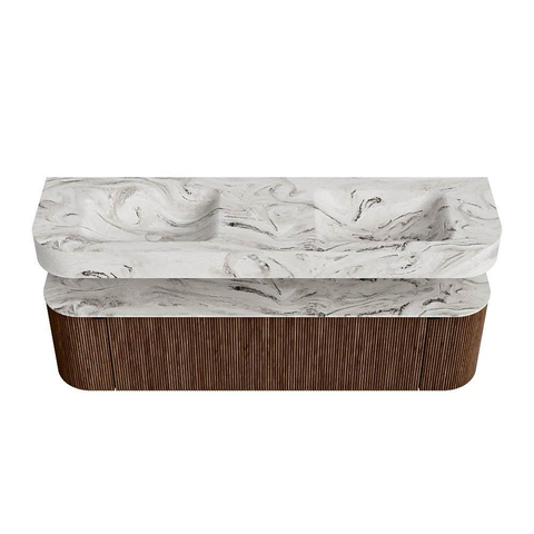 MONDIAZ THOR-DLUX 170cm meuble de salle de bains arrondi gauche + droite couleur Walnut avec 1 tiroir et 2 portes. Vasque suspendue CLOUD Double 2 trous de robinet couleur Glace. SW1465582