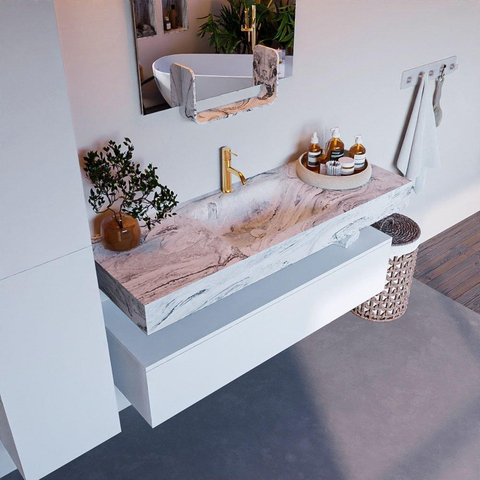 Mondiaz ALAN-DLUX Ensemble de meuble - 130cm - meuble Talc mat - 1 tiroir - Lavabo Cloud Glace suspendu - vasque Centre - 1 trou de robinet SW804910