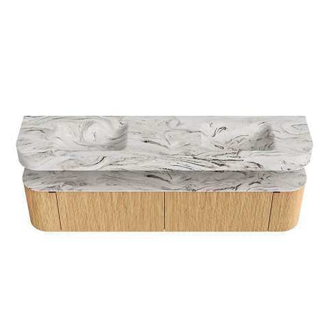 MONDIAZ THOR-DLUX 200cm badmeubel ronding links + rechts kleur Oak met 2 lades en 2 deuren. Vrijhangende wastafel CLOUD Dubbel zonder kraangat kleur Glace. SW1467011