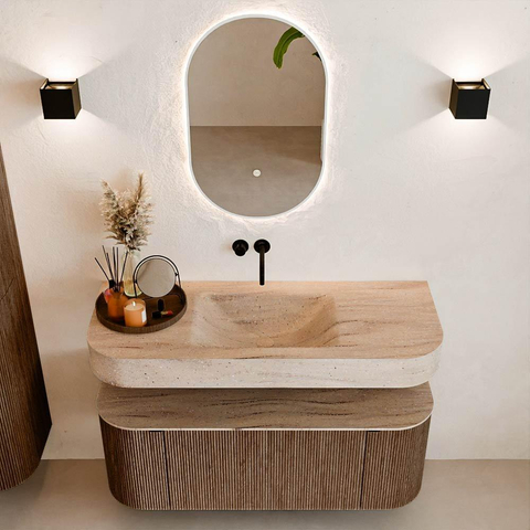 MONDIAZ THOR-DLUX 120cm badmeubel ronding links + rechts kleur Walnut met 1 lade en 2 deuren. Vrijhangende wastafel CLOUD Midden zonder kraangat kleur Saba. SW1463480