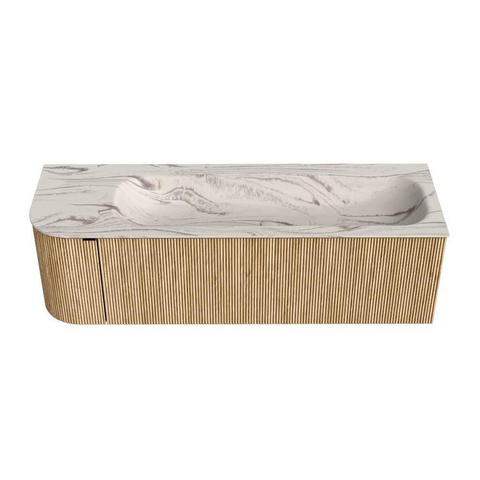 MONDIAZ KURVE-DLUX Meuble de salle de bains 145cm arrondi à gauche couleur Oak avec 1 tiroir et 1 porte. Lavabo BIG LARGE à droite 2 trous de robinet Nata. SW1432121
