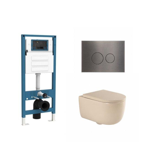 QeramiQ Dely Swirl Ensemble WC - réservoir encastré Qeramiq Flush - abattant 35mm - plaque de commande métal gunmetal - boutons ronds - beige SW1578343