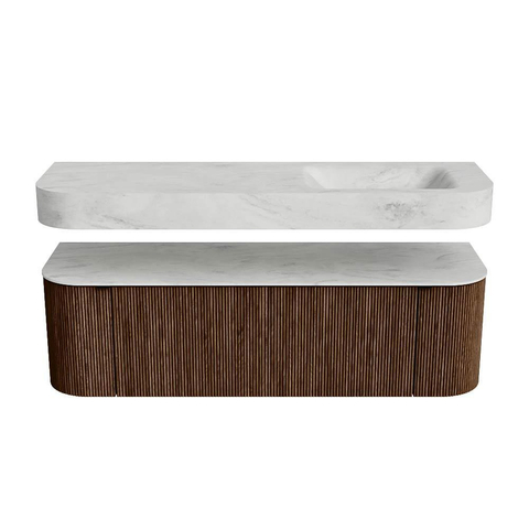 MONDIAZ THOR-DLUX 150cm badmeubel ronding links + rechts kleur Walnut met 1 lade en 2 deuren. Vrijhangende wastafel CLOUD Rechts 1 kraangat kleur Opalo. SW1464645