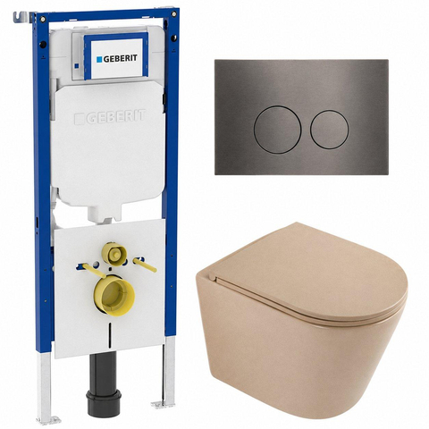 QeramiQ Dely Toiletset - 36.3x51.7cm - Geberit UP720 inbouwreservoir - rimless - diepspoel - zitting - softclose - bedieningsplaat gunmetal - ronde knoppen - mat beige SW1426530
