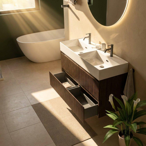 Saniclass Holz Atelier Ensemble de meubles de salle de bains - 120x45x72cm - lavabo Legend en céramique blanc - 2 vasques - 2 trous de robinet - 2 tiroirs - chêne charcoal mat (bois) SW1478524