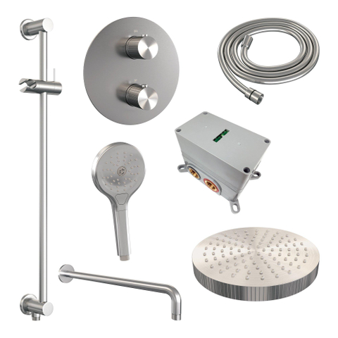 BRAUER Stripe Thermostatische Inbouw Regendouche - 3-weg - rond - SET 47 - 25cm douchekop - gebogen muurarm - 3-standen handdouche - doucheslang - geïntegreerde glijstang - RVS-kleurig geborsteld PVD SW1435272