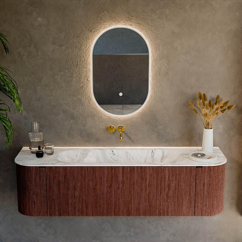 Mondiaz KURVE-DLUX Ensemble de meubles de salle de bains - 160x46x40cm - 1 tiroir - 2 portes - vasque solid surface - centre - sans trou de robinet - Ruby SW1415953