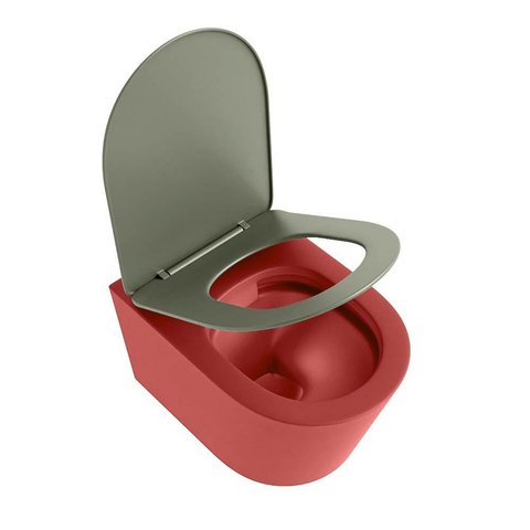 Mondiaz LAVIE hangtoilet – spoelrandloos – 36 x 53 cm – met softclose zitting – Fire (rood), zitting Army (groen) SW1208571