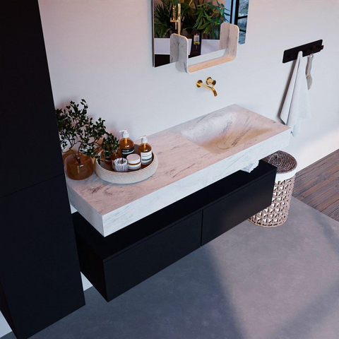 Mondiaz ALAN-DLUX Ensemble de meuble - 130cm - meuble Urban mat - 2 tiroirs - Lavabo Cloud Opalo suspendu - vasque Droite - 0 trous de robinet SW806311