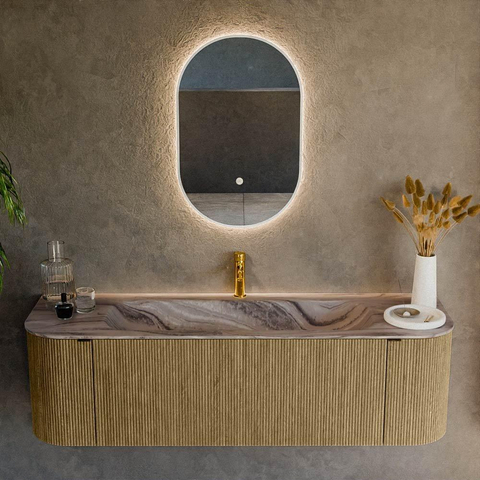 MONDIAZ KURVE-DLUX 150cm badmeubel ronding Links + Rechts kleur Dusk met 1 lade en 2 deuren. Wastafel BIG MEDIUM Midden 1 kraangat Sombra. SW1433865