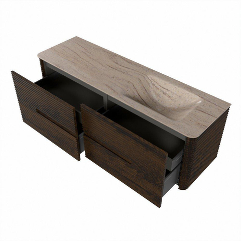 Mondiaz CIRO-DLUX Meuble de salle de bains - 150x45x50cm - Plan vasque Solid surface Saba - 1 lavabo à droite - sans trous de robinetterie - 4 tiroirs - Noyer SW1530704