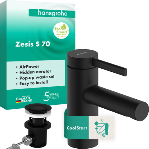 Hansgrohe Zesis wastafelkraan - model 70 - coolstart - met trekwaste - mat zwart SW1388661