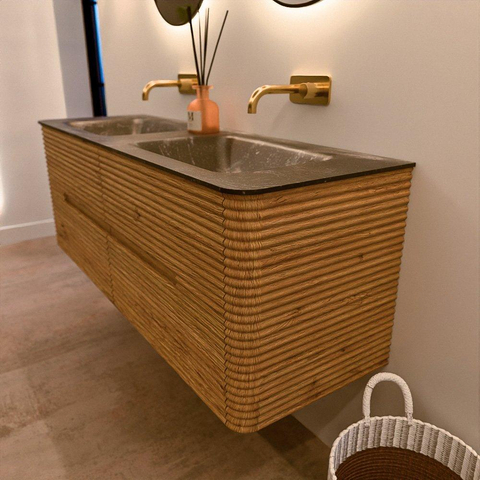 Mondiaz CIRO-DLUX Badkamermeubelset - 140x45x50cm - Solid surface wastafel Lava - 2 wasbak Dubbel - zonder kraangaten - 4 lades - Oak SW1531095