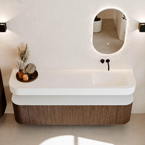 MONDIAZ THOR 180cm badmeubel ronding links + rechts kleur Walnut met 2 lades en 2 deuren. Vrijhangende wastafel CLOUD Rechts zonder kraangat kleur Talc. SW1465914