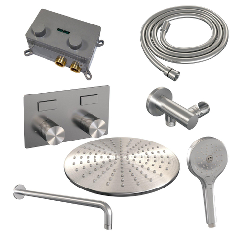 BRAUER Brushed Carving ensemble de douche pluie encastré – douche de tête Ø 30 cm – bras mural courbé 40 cm – douchette ronde – set 58 SW925449