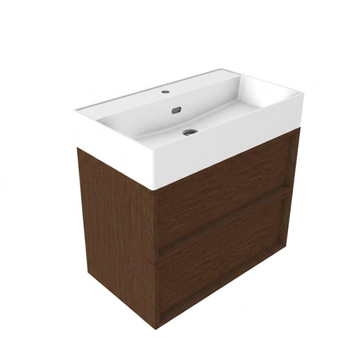 Saniclass Holz Frame Badkamermeubelset - 80x45x72cm - Legend keramische wastafel mat wit - 1 wasbak - 1 kraangat - 2 lades - mat walnut pure (hout) SW1580079