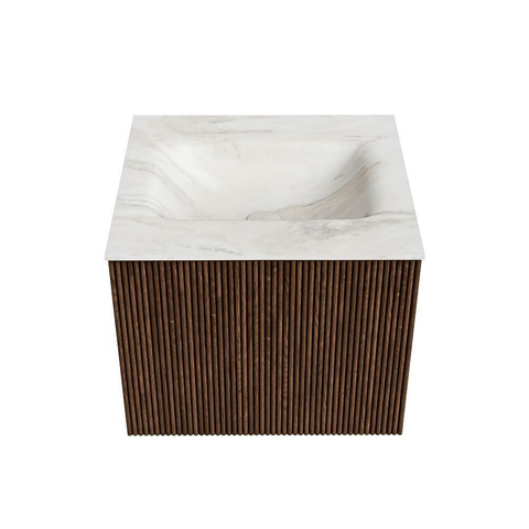 MONDIAZ KURVE-DLUX 50cm badmeubel kleur Walnut met 1 lade. Wastafel GRUNNE midden zonder kraangat kleur Ostra. SW1137814