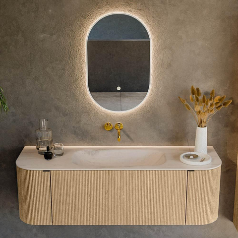 MONDIAZ KURVE-DLUX Meuble de salle de bains 140cm arrondi Gauche + Droite couleur Chêne avec 1 tiroir et 2 portes. Lavabo BIG SMALL Central sans trou de robinet Meli. SW1431594