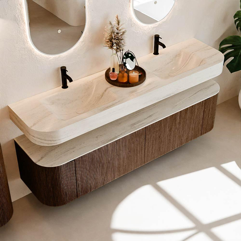 MONDIAZ THOR-DLUX Meuble de salle de bains 180cm arrondi gauche + droite couleur Walnut avec 2 tiroirs et 2 portes. Vasque suspendue CLOUD Double 2 trous de robinet couleur Meli. SW1466184