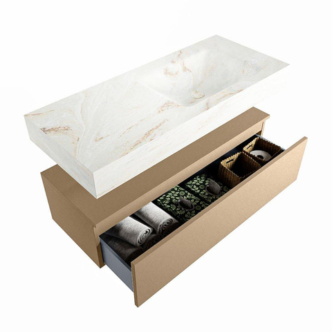 Mondiaz ALAN-DLUX Ensemble de meuble - 110cm - meuble Oro mat - 1 tiroir - Lavabo Cloud Frappe suspendu - vasque Droite - 0 trous de robinet SW805275